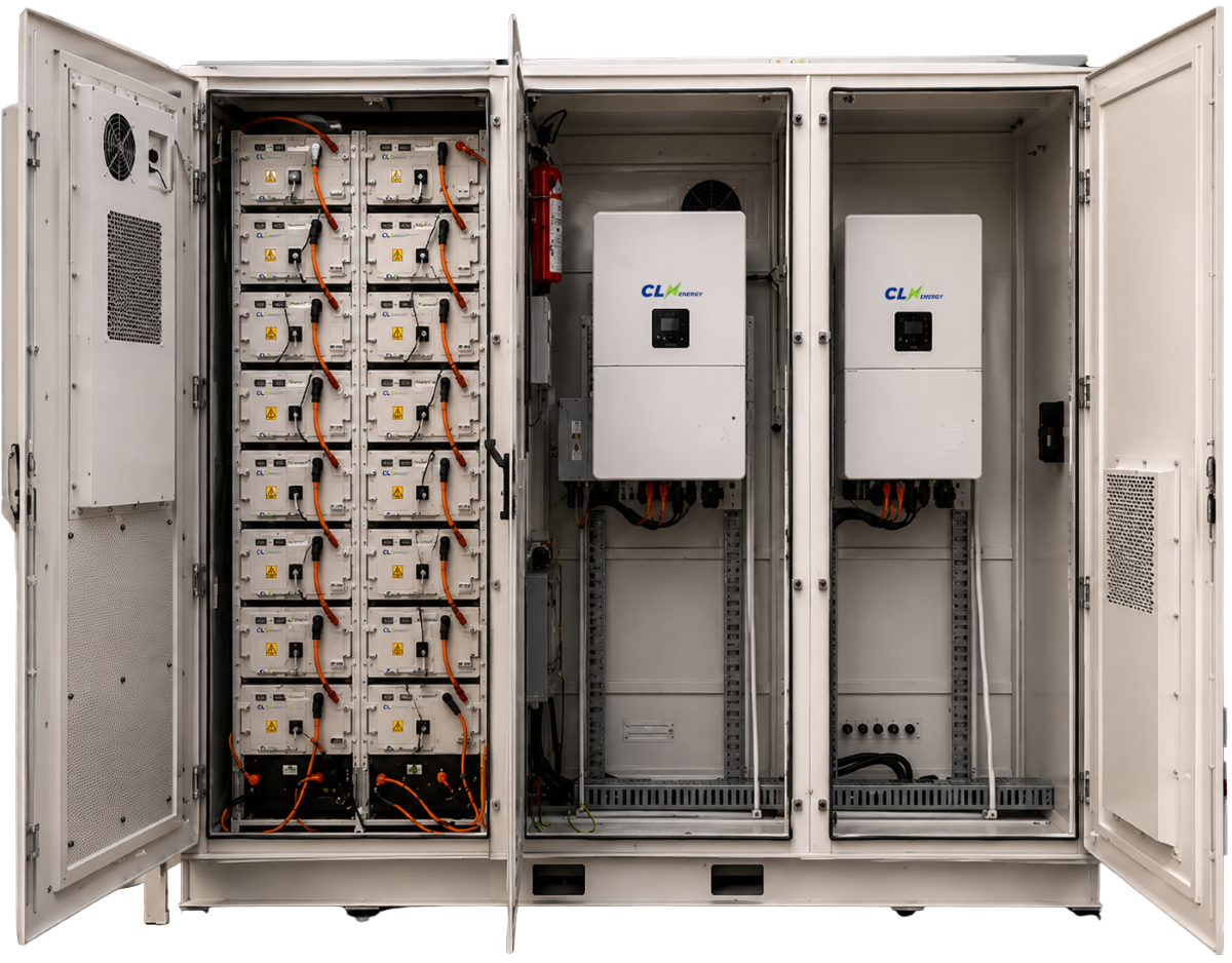 CLN All-in-One cabinet interior — lithium battery modules, twin hybrid inverters, cooling and aerosol fire suppression
